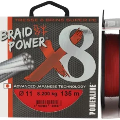 Powerline Tresse Braid Power X8 Rouge - 135M * Fils - Tresses - Bdl Carnassier|Tresses - Fils - Bdl Mer